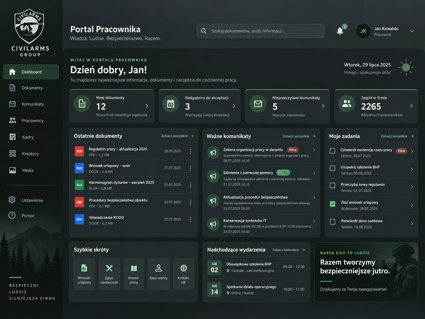 Przykładowy dashboard cyfrowego biura i portalu pracowniczego z dokumentami, komunikatami, zadaniami i modułami firmowymi.