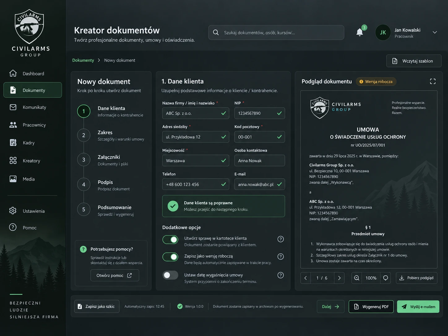 Przykładowe UI kreatora dokumentów w portalu pracowniczym Civilarms Group.