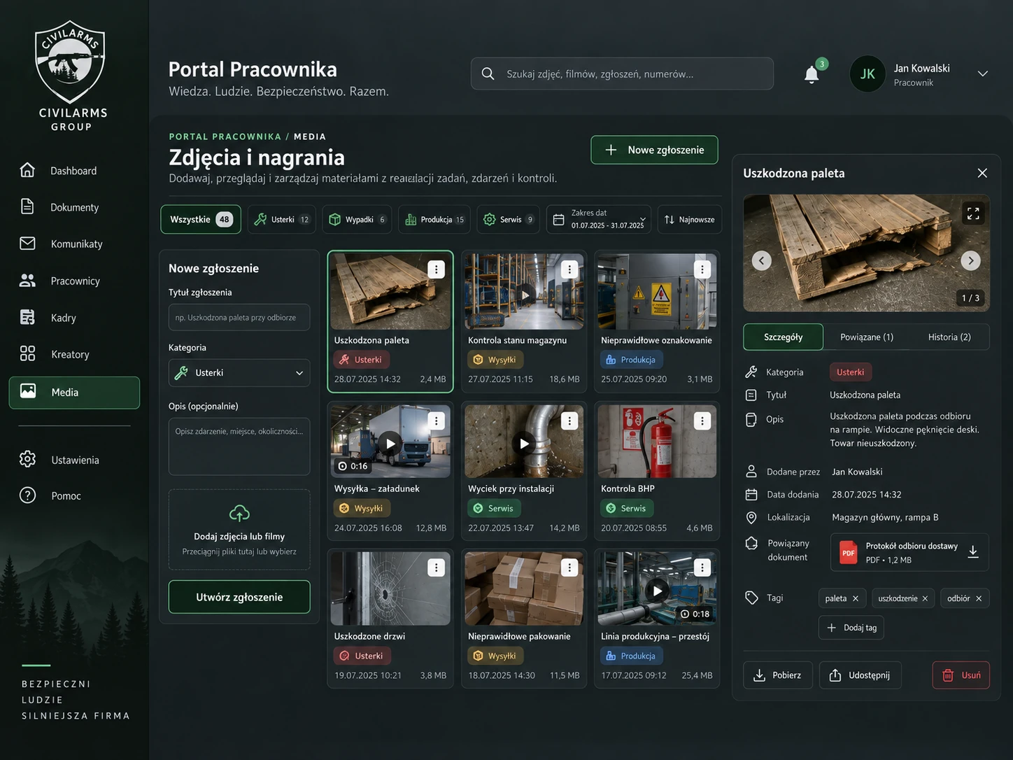 Przykładowe UI ewidencji zdjęć i nagrań w portalu pracowniczym Civilarms Group.